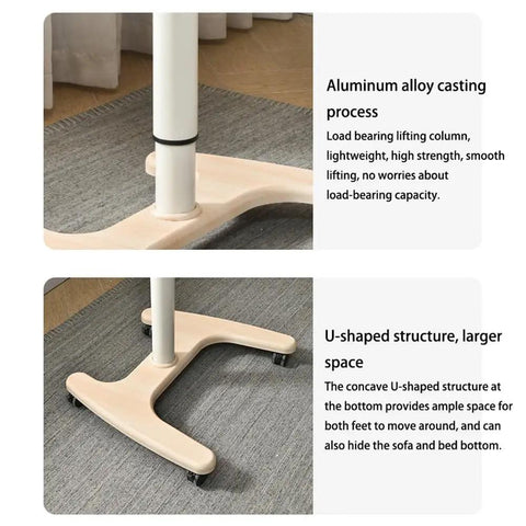 Smooth Operator Pneumatic Rolling Standing Desk With Pro Grade Swivel Casters For Home Office Laptop Workstation Quick Height Flex deep wood grain finish showing aluminum alloy casting and U-shaped base.