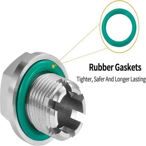 M18x1.5 Double Oversize Magnetic Piggyback Oil Drain Plug Kit With Thread Repair Tool For Sleek Engine Protection And Cool Metal Debris Capture To Keep Your Ride Smooth And Running Tight Without Leaks Or Stress, stainless steel plug with rubber gasket