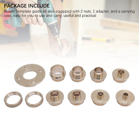 Pro Gear 11 Piece Router Template Guide Set With Solid Brass Bushings And Smart Adapter For Smooth Woodworking Repairs Featuring Eight Spot On Sizes Twin Lock Nuts And Boss Level Carry Case, showing brass bushings and adapter.