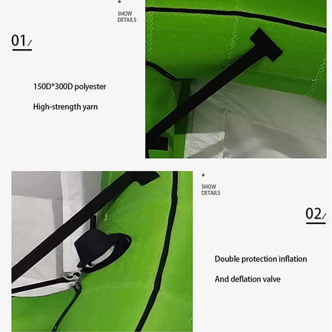 Close-up of green handheld kitesurfing wing for water sports inflatable kite with TPU air bag, polyester frame, double valve