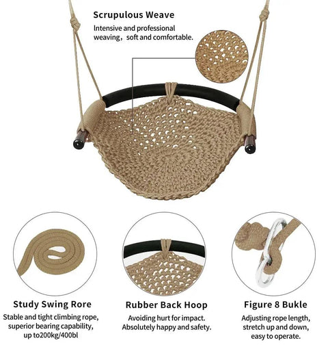 Hand Knitted Toddler Swing Seat With Adjustable Ropes, Outdoor Indoor Swing Set For Kids, Durable Polyester Rope, Light Brown