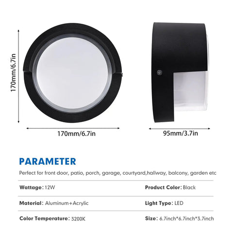Round Outdoor Sconce Lights Low Profile Porch Lighting Modern Wall Fixtures 12W 3200K Warm White for Patio and Deck, dimensions and materials shown.