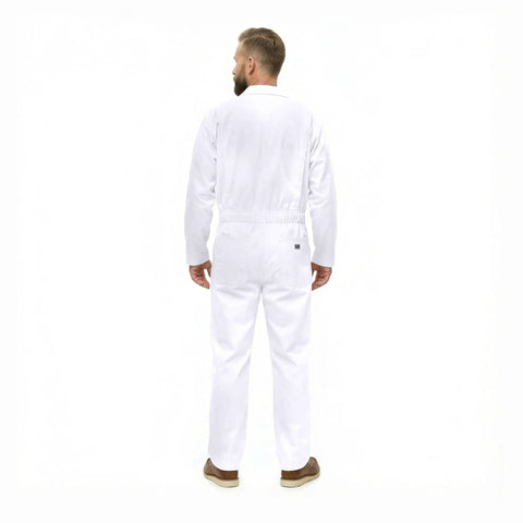 Heavy Duty Mens Long Sleeve Zip Up Coverall Built From Premium Poly Cotton Twill To Crush The Daily Grind Stain Resistant Wrinkle Proof Cool Comfort White Medium, back view.