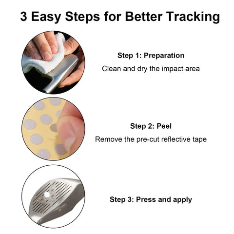Three steps to apply White Reflective Dot Stickers Set High Reflectivity Ball Marker Decals For Golf Simulators Weatherproof Launch Monitor Stickers Compatible With Simulators High Speed Cameras And Launch Monitors 300 Pack