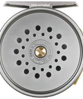 Front view of Narrow Spool Perfect Reel WF4 Plus 60 With 20lb Dacron Line for left or right hand fly fisher, gun metal color.