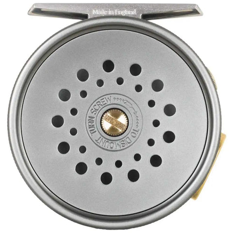 Front view of Narrow Spool Perfect Reel WF4 Plus 60 With 20lb Dacron Line for left or right hand fly fisher, gun metal color.