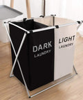Two Section Laundry Basket Hamper Foldable Waterproof Cloth Organizer With Aluminum X Frame And Carrying Handles For Bathroom And Home
