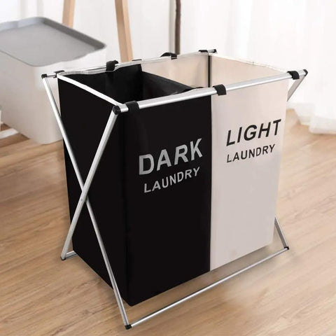 Two Section Laundry Basket Hamper Foldable Waterproof Cloth Organizer With Aluminum X Frame And Carrying Handles For Bathroom And Home