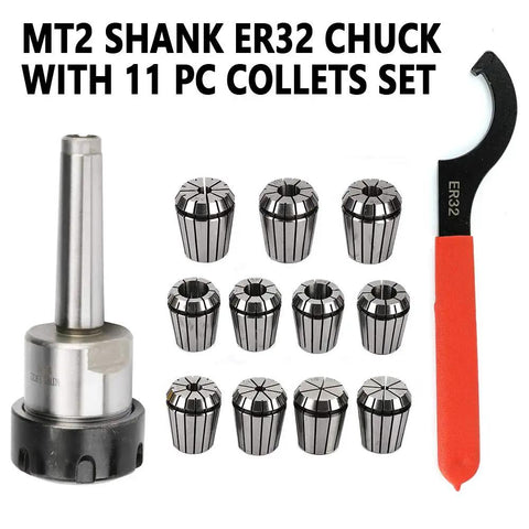 MT2 ER32 Morse Taper Collet Chuck Set for CNC Milling Lathe Tool Holder with 11 collets, spanner, and durable 45 steel construction