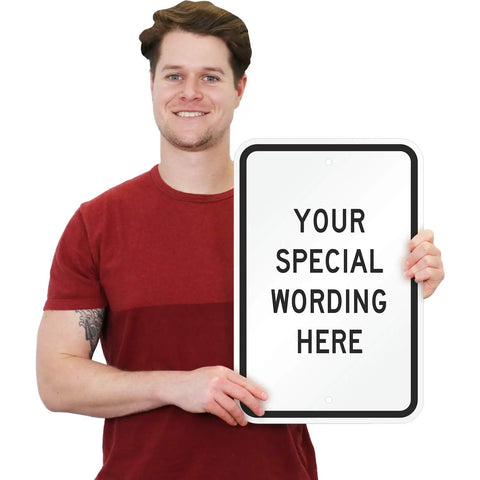 Rock Solid Custom Vertical Aluminum Sign 12 By 18 Inches held by a smiling person, featuring customizable text for outdoor use.