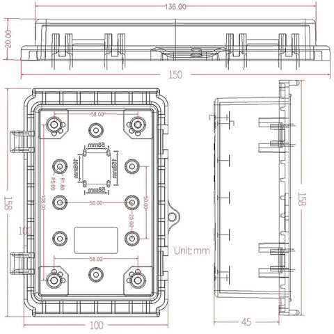 Technical diagram of Grey Waterproof Outdoor Junction Box with Hinged Cover and Stainless Steel Latch, dimensions 5.9 by 3.9 by 2.8 inch.