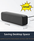 USB Computer Speaker Bar With Stereo Sound And Enhanced Bass, Portable Mini Sound Bar for Windows PCs, size dimensions shown