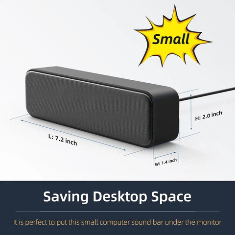 USB Computer Speaker Bar With Stereo Sound And Enhanced Bass, Portable Mini Sound Bar for Windows PCs, size dimensions shown