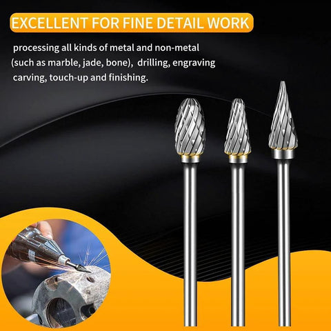 Carbide burr set, 10 pcs, 1/8" shank, for Dremel rotary tools; double-cut burrs for engraving and grinding