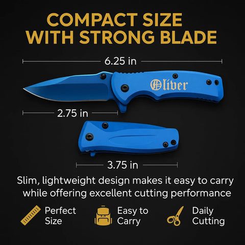 Badass Custom Engraved Pocket Knife With Titanium Coated Blade 2.75 Inch 3CR13 Stainless Steel Blue Handle And Pocket Clip Personalized Outdoors Gift For Groomsmen And Everyday Carry.