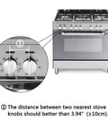 Image showing stove with indication of knob spacing for Clear 6 Pack Stove Gas Knob Covers For Kids Safety, Hassle Free Adhesive Install.