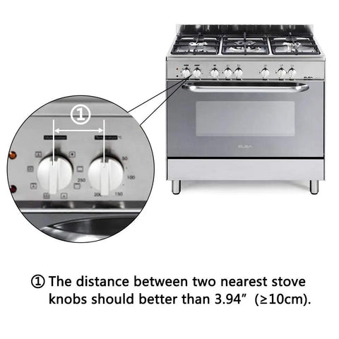 Image showing stove with indication of knob spacing for Clear 6 Pack Stove Gas Knob Covers For Kids Safety, Hassle Free Adhesive Install.