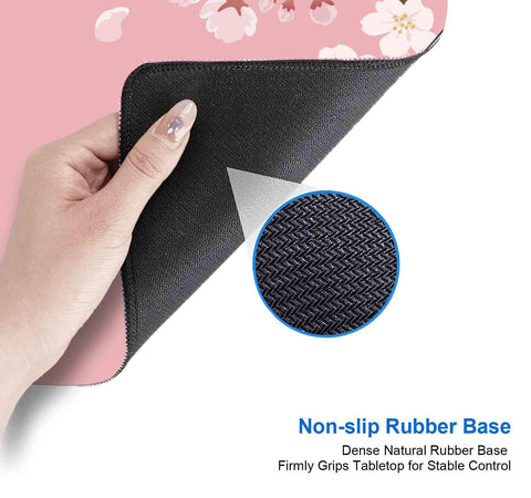 Close-up of Pink Cherry Blossom Desk Pad 31.5 By 11.8 Inches showing non-slip rubber base and sakura flower design.