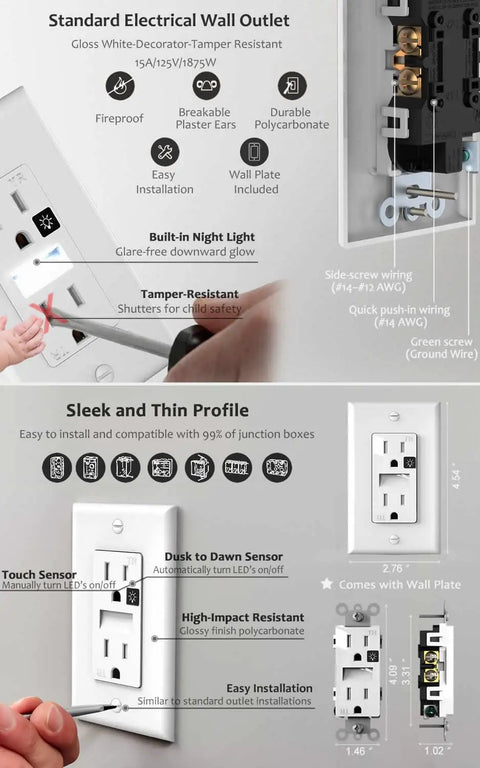 Wall Outlet With Night Light 10 Pack White, Frees Up Every Outlet With Built-In LED Night Lights, shown with specifications.