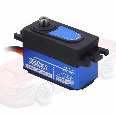 Robust 12Kg Digital Servo with Rugged Metal Gears for Remote Control Drift Cars, featuring blue casing and standard mounting.
