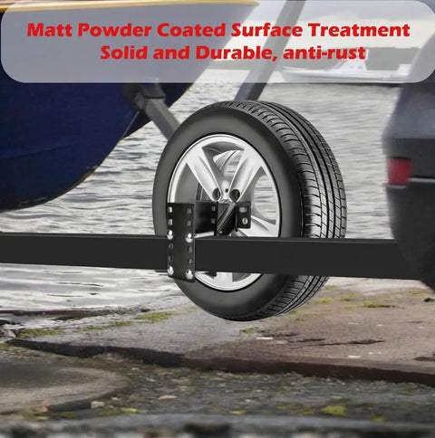 Heavy Duty Trailer Spare Tire Mount Bracket Fits 4 4.5 4.75 5 And 5.5 Inch Bolt Patterns Holds Spare On 4 Lug 5 Lug And 6 Lug Trailers Up To 150 Lbs Black Carrier installed on trailer.