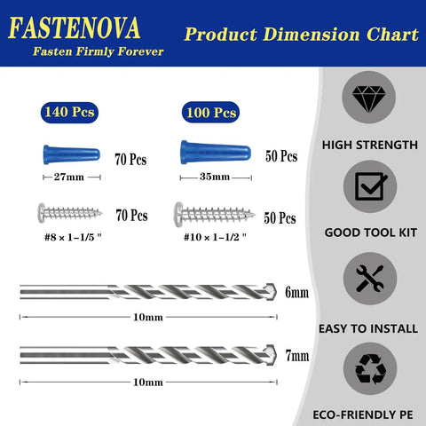 Dimensions of 240 Piece Conical Concrete Anchors And 304 Stainless Steel Screws Kit With Two Drill Bits Includes 120 Concrete Wall Anchors And 120 Screws For Masonry Brick Tile Stucco Cement Block
