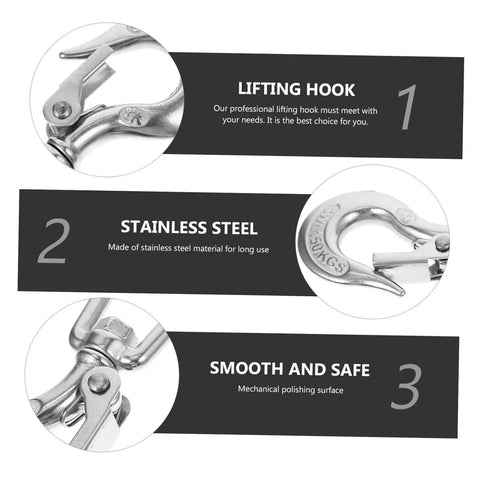 Heavy Duty 304 Stainless Steel Swivel Lifting Hook With Three Sixty Degree Spin Rust Proof Cargo Rigging Round Eye And Rock Solid Point Six Five Ton Working Rating For Jobsite Gear close-up showing polished finish and details.