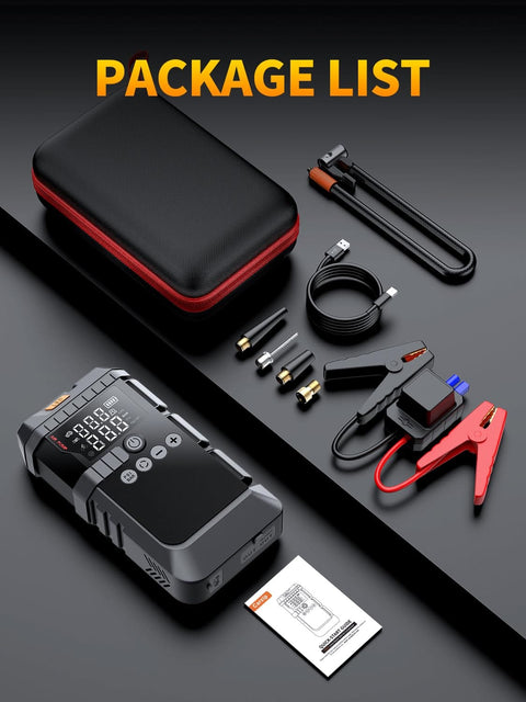 Portable Jump Starter With Air Compressor 6000A Peak 12V Jump Box 160 PSI Tire Inflator LED Display package contents