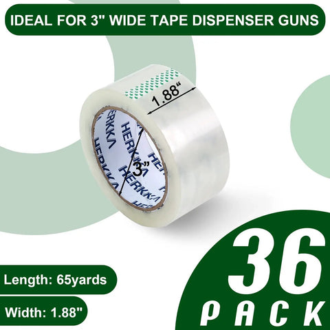 Heavy Duty Clear Packing Tape Roll Set, 36 Rolls, 1.88 Inch Wide By 65 Yards, shown with dimensions and 36 pack label