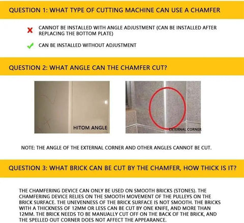 Heavy Hitter Tile Chamfering Machine With 45 Degree Ceramic Bevel Cutting Seat instruction sheet, showing angle cutting options and limitations.