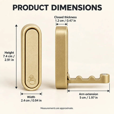Big Shot Heavy Duty Foldable Wall Hooks Built From Tough Zinc Alloy Featuring A Clean Gold Tone with dimensions shown.