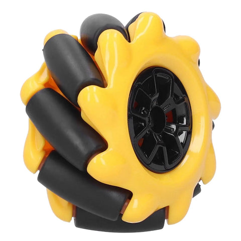 Mecanum wheel toy component, yellow with black rollers, close-up view, compatible with building blocks