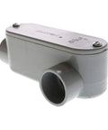 Pro Grade Non Metallic PVC Conduit Body Type LL 3/4 Inch Electrical Wire Routing Fitting close-up of gray fitting with two openings.