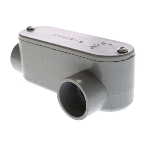 Pro Grade Non Metallic PVC Conduit Body Type LL 3/4 Inch Electrical Wire Routing Fitting close-up of gray fitting with two openings.