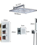 Fresh LED Shower System With Thermostatic Valve, Wall Mounted Chrome Rain Shower Combo, detailed view with measurements.