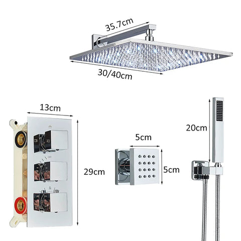 Fresh LED Shower System With Thermostatic Valve, Wall Mounted Chrome Rain Shower Combo, detailed view with measurements.