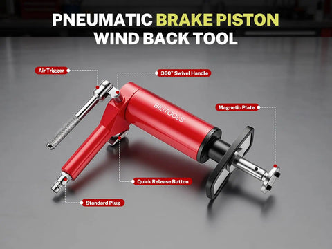 Air Powered Brake Caliper Wind Back Tool Kit With 23 Adapters And European Plug, 24-Piece Disc Brake Piston Rewind Set