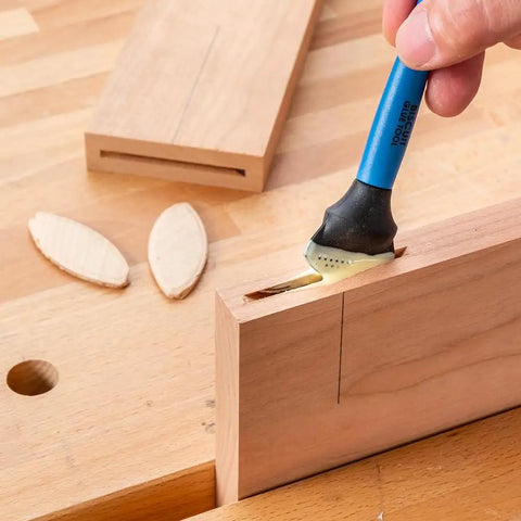 Easy Clean Silicone Glue Spreader For Biscuit Joinery With Dual End Design applying glue on wood joint