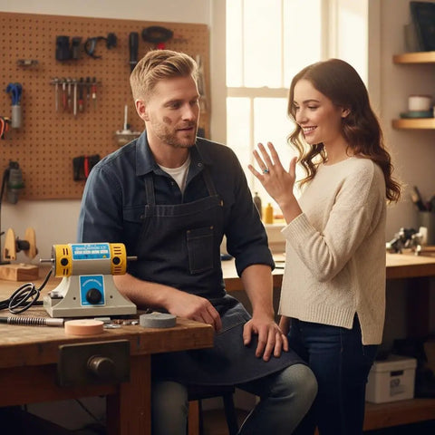 Couple admiring jewelry near Mini Bench Lathe Polisher For Jewelry And Gemstone Buffing 110V 350W Buffer Kit on workshop table.