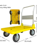 Heavy Duty Folding Flatbed Hand Cart With Knuckle Tough Grip And Silent Swivel Wheels showing dimensions and foldable design.