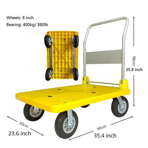 Heavy Duty Folding Flatbed Hand Cart With Knuckle Tough Grip And Silent Swivel Wheels showing dimensions and foldable design.