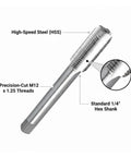 Heavy Duty M12x1.25 Right Hand HSS Tap And Die Set For Metal Threading Repair Work Creating Clean Accurate Threads On Bolts Nuts And Components With Durable High Strength Steel Construction You Can Count On, HSS tap with 1/4 hex shank
