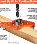 Self Centering Doweling Jig Kit With Drill Guide And Stop Collar Includes Four Drill Sleeves Six, Eight, Ten And Thirteen Millimeters And Drill Bits One Quarter, Five Sixteenths, Three Eighths, And One Half Inch For Hidden Shelf Brackets And Mantels For, shown with orange aluminum body and drill bit.