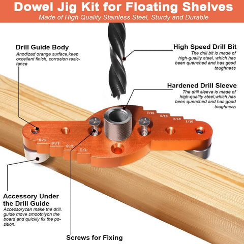 Self Centering Doweling Jig Kit With Drill Guide And Stop Collar Includes Four Drill Sleeves Six, Eight, Ten And Thirteen Millimeters And Drill Bits One Quarter, Five Sixteenths, Three Eighths, And One Half Inch For Hidden Shelf Brackets And Mantels For, shown with orange aluminum body and drill bit.