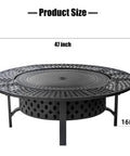 47 Inch Round Fire Pit With Two Grills, Lid And Tabletop, 3 In 1 Outdoor Fire Pit with dimensions indicated, shown with lid.