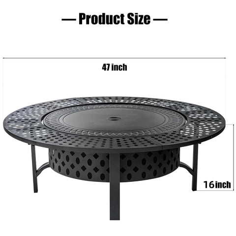 47 Inch Round Fire Pit With Two Grills, Lid And Tabletop, 3 In 1 Outdoor Fire Pit with dimensions indicated, shown with lid.