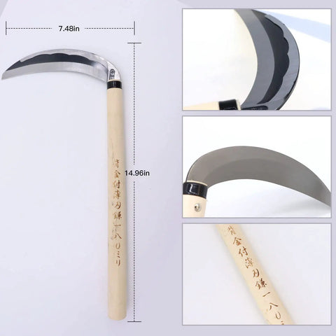 Hand Hoe Sickle Garden Tool For Weeding And Cultivation, Sharp Blade Edge, Durable Japanese Style, 12.99 Inch Overall Length, beige handle
