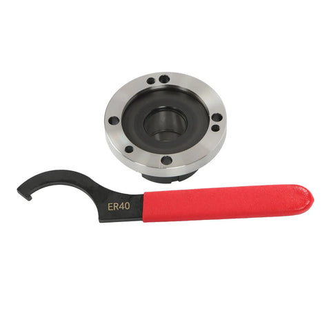 Get That Heavy Duty ER40 Collet Chuck With 100mm Diameter And ER Wrench For Rock Solid CNC Milling Lathe Accuracy Plus High Hardness Steel Construction You Can Rely On, showing collet chuck and wrench.