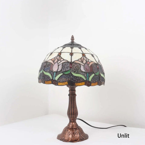 Tulip Flower Tiffany Style Stained Glass Table Lamp With 12 Inch Wide Shade And 18 Inch Tall Handmade Metal Base Unlit