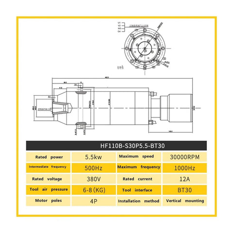Technical diagram of BT30 spindle motor with specifications for Water Cooled Tool Changer Spindle For High Speed CNC Machines